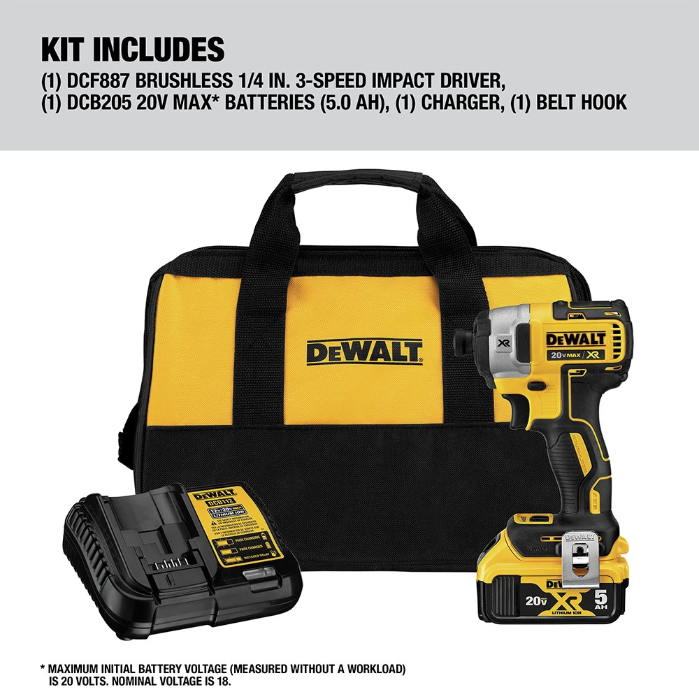 Dewalt DCF887P1 20V MAX XR Brushless Lithium-Ion 1/4 In. Cordless 3-Speed Impact Driver Kit (5 Ah) - Image 2