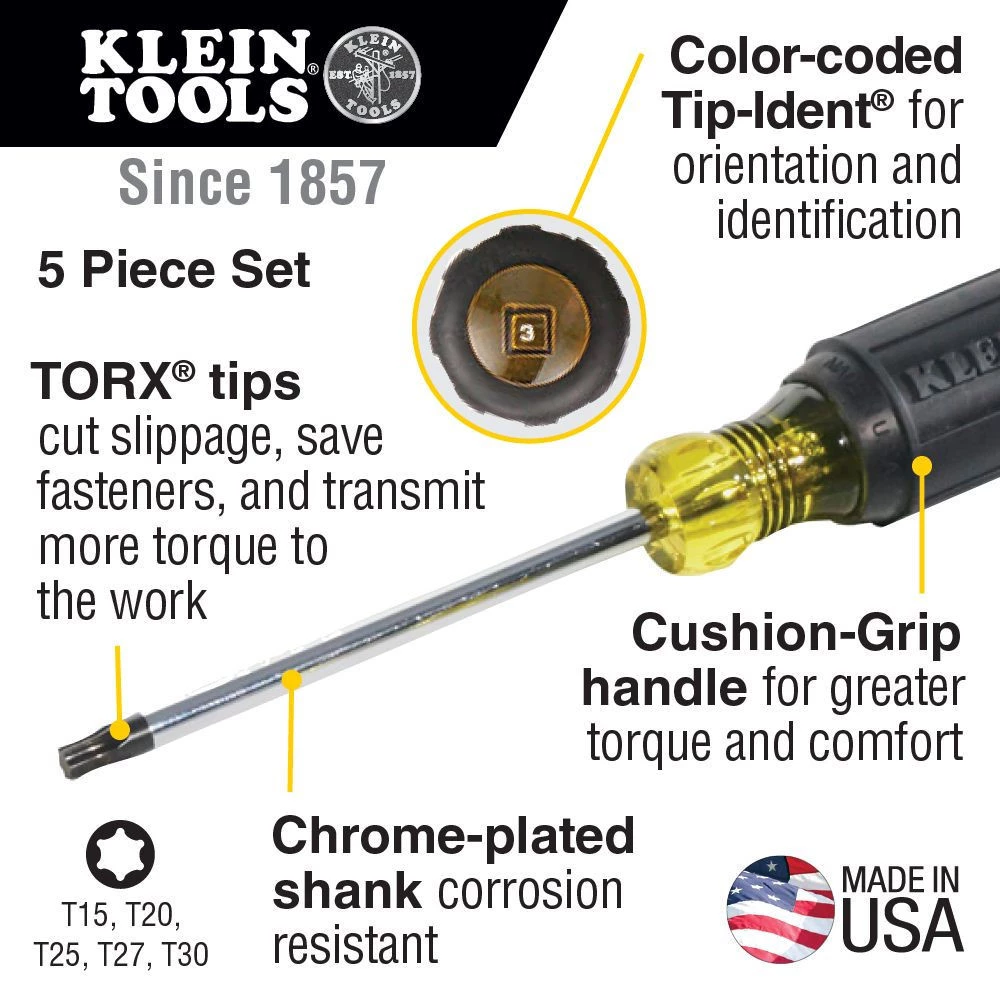 Klein Tools 19555 5-Piece TORX Cushion Grip Screwdriver Set With T15, T20, T25, T27 And T30 Tip Sizes - Image 5