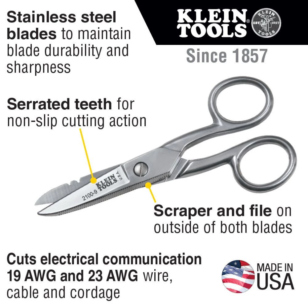 Klein Tools 2100-9 Electrician's 5-1/4 In. Stainless Steel Scissors With Stripping Notches - Image 5