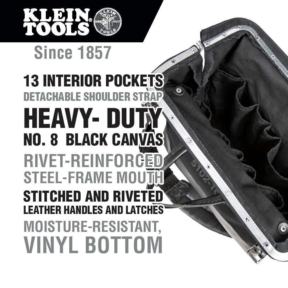 Klein Tools 510216SPBLK 16 In. Deluxe Canvas Tool Bag - Large, Black - Image 6