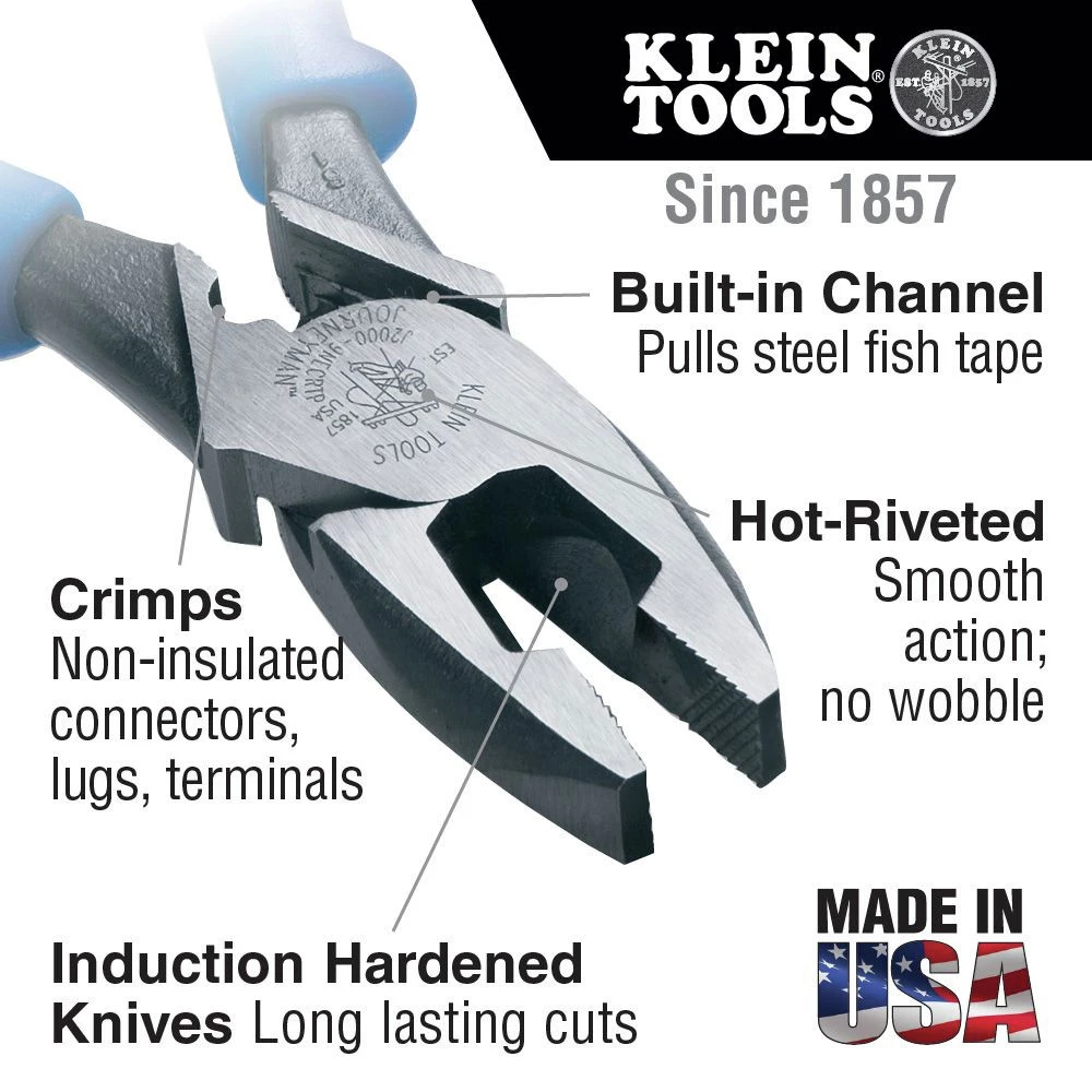 Klein Tools J2000-9NECRTP Fish Tape Pull/ Crimping 9 In. Lineman's Pliers - Image 2