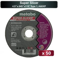 Metabo US655994050 50-Piece A60XP Super Slicer T1 4.5 In. X 0.45 In. X 7/8 In. Cutting Wheel Pack
