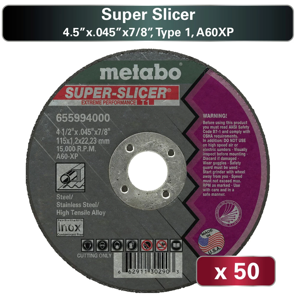 Metabo US655994050 50-Piece A60XP Super Slicer T1 4.5 In. X 0.45 In. X 7/8 In. Cutting Wheel Pack