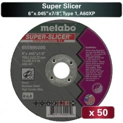 Metabo US655995050 50-Piece A60XP Super Slicer T1 6 In. X 0.45 In. X 7/8 In. Cutting Wheel Pack