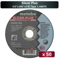 Metabo US655997050 50-Piece A60TX Slicer Plus T1 4.5 In. X 0.45 In, X 7/8 In. Cutting Wheel Pack