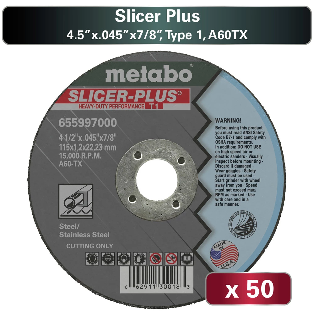 Metabo US655997050 50-Piece A60TX Slicer Plus T1 4.5 In. X 0.45 In, X 7/8 In. Cutting Wheel Pack