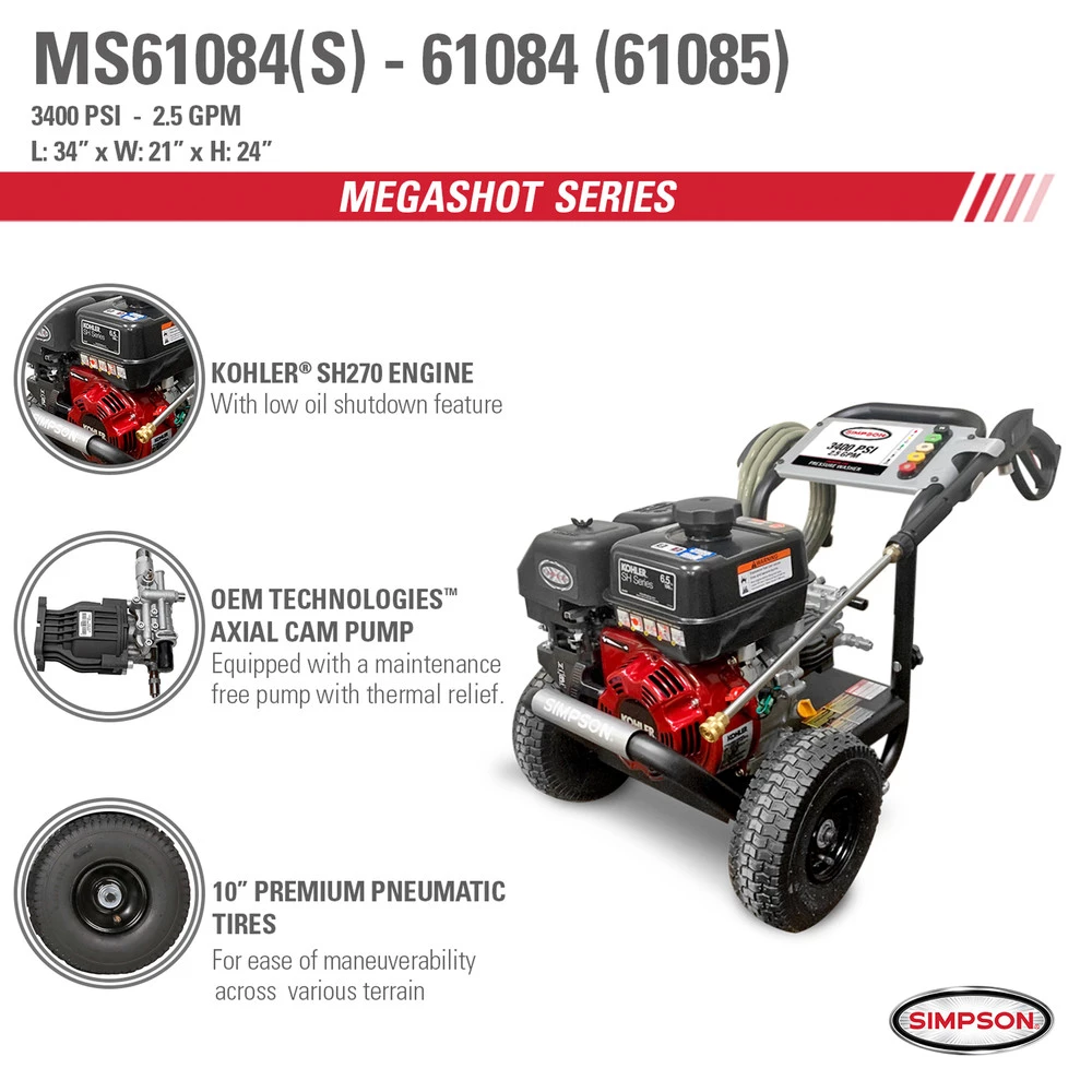 Simpson 61085 MegaShot 3400 PSI 2.5 GPM KOHLER SH265 Gas Pressure Washer - Image 6